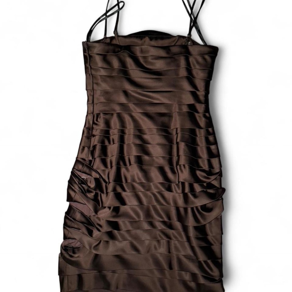 Calvin Klein Tiered Satin Mini Dress Brown 8 Cocktail Party Minimalist - Picture 6 of 9